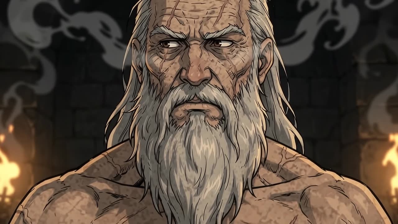 Kronos, old and grey-bearded, glaring in his torch-lit hall